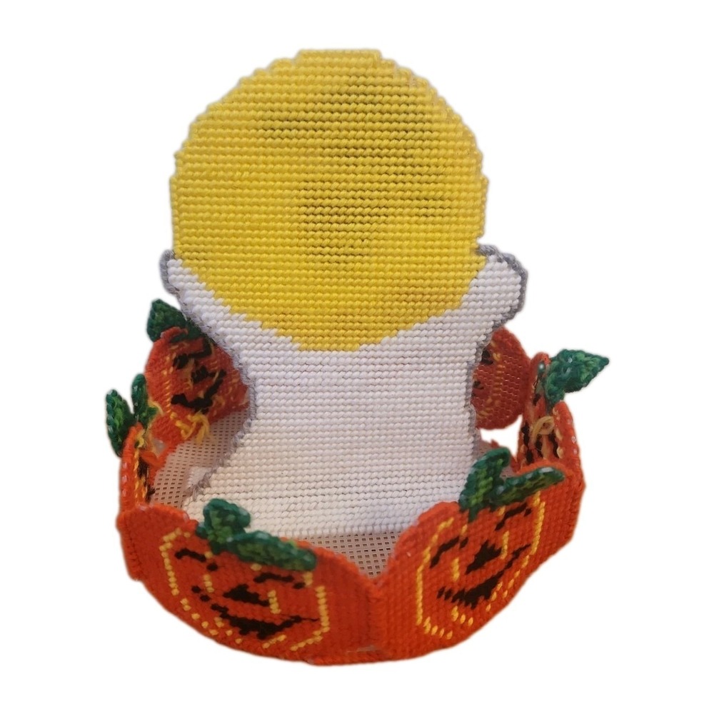 Vtg Bucilla Boo Basket Ghost Pumpkins Halloween Treat Dish Plastic Canvas Done - Picture 3 of 6